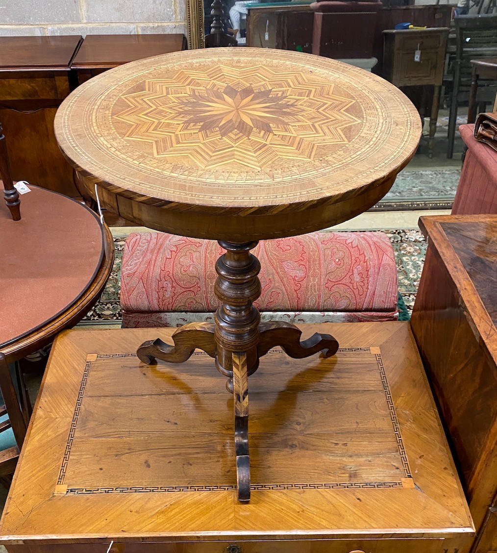 An early 20th century French circular parquetry inlaid tripod table, diameter 51cm, height 71cm.